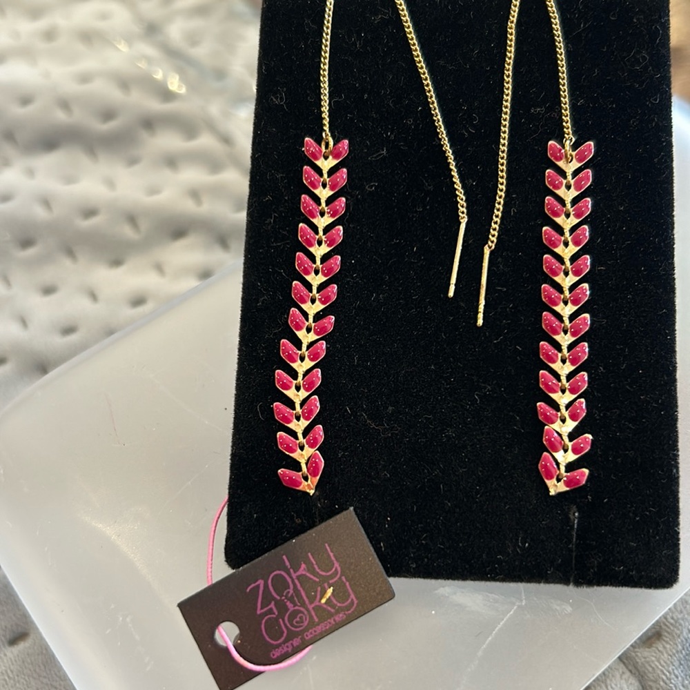 Pink or Turquoise Enamel Fern Ear String Earrings-NWT-Boutique